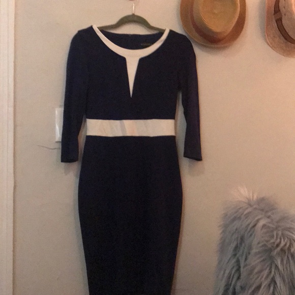 Navy 2/3 Sleeve Slim Bodycon Business Pencil Dress - Picture 4 of 4